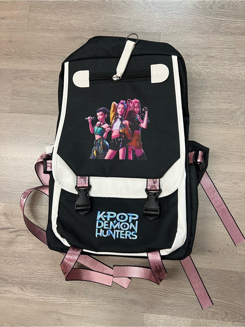 K-Pop Demon Hunters Black & White Graphic Backpack with Pink Straps
